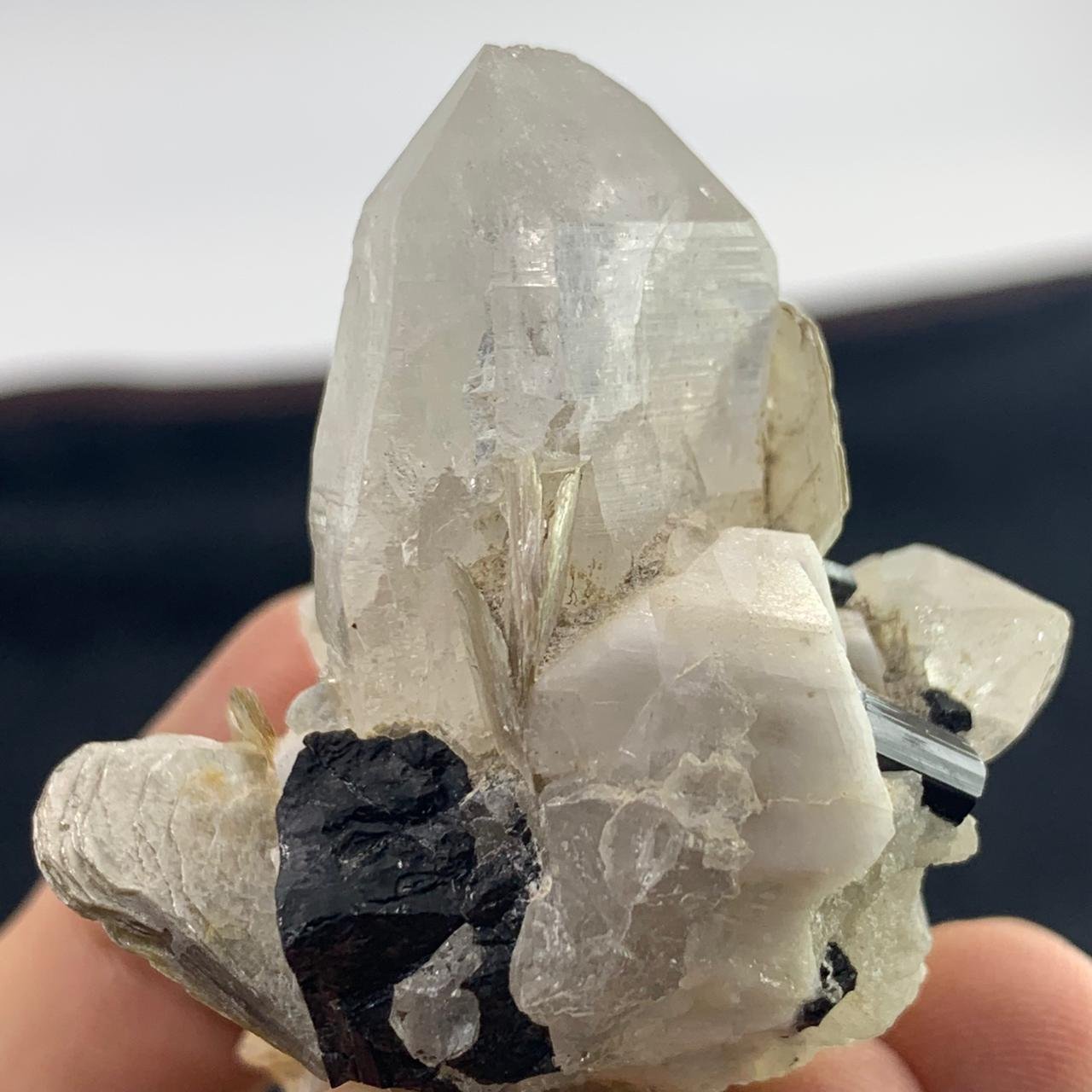 Natural Quartz Crystal Cluster with Black Tourmaline & Feldspar | Raw Mineral Specimen | Himalayan Quartz Display Piece | 53.89g